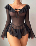 Black Sheer Babydoll Nightdress, Ruffle Mesh Lingerie, Bell Sleeve Chemise, Coquette Sleepwear