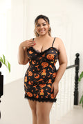 Spooky Night Babydoll,Plus Size Halloween Nightdress, Pumpkin Ghost Print Slip Dress, Lace Trim Sleepwear, Spooky Pajamas for Women