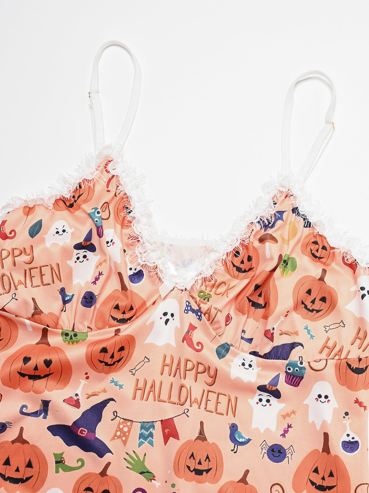 Plus Size Halloween Nightdress, Pumpkin Ghost Print Slip Dress, Lace Trim Sleepwear, Spooky Pajamas for Women