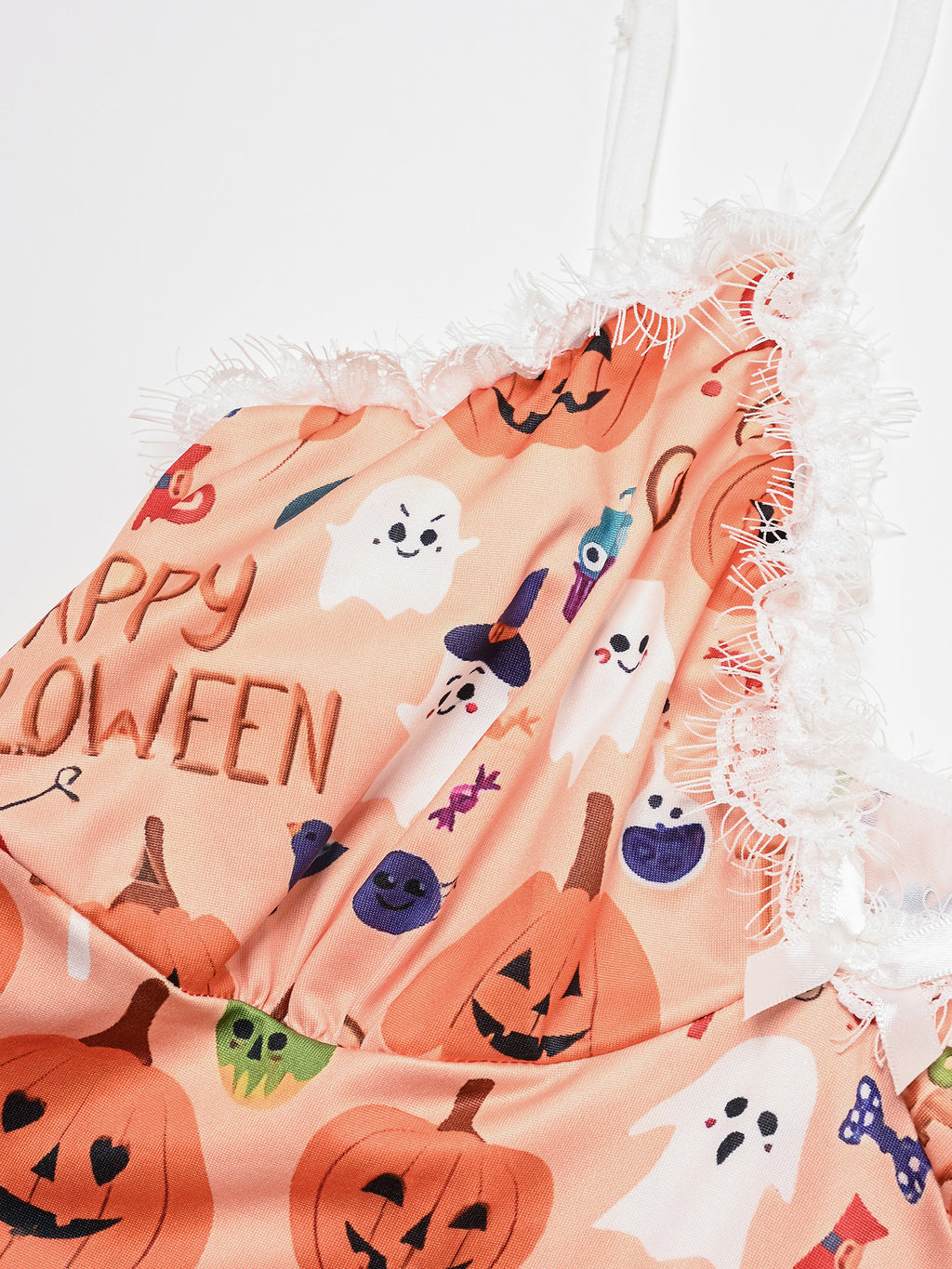 Plus Size Halloween Nightdress, Pumpkin Ghost Print Slip Dress, Lace Trim Sleepwear, Spooky Pajamas for Women
