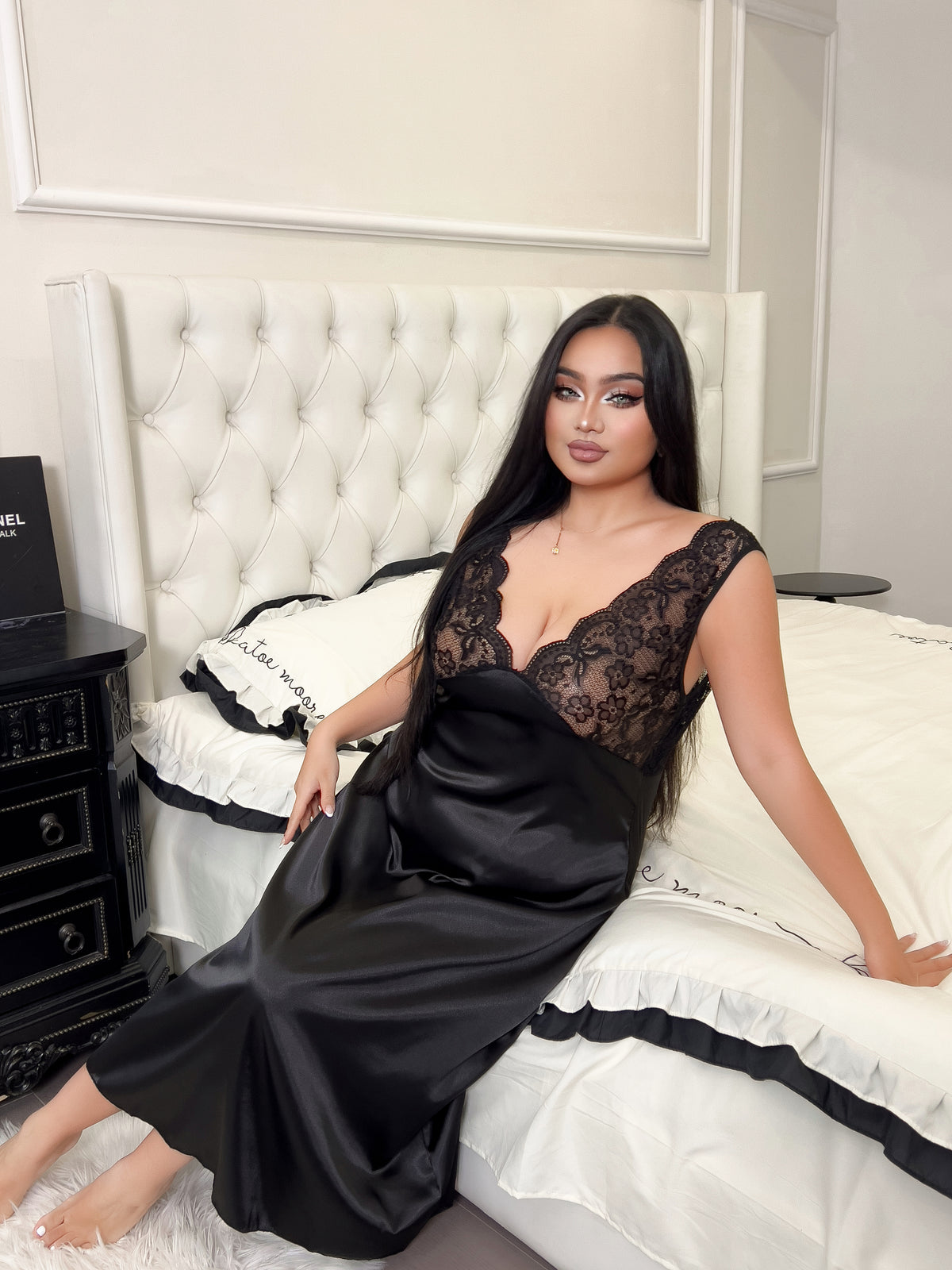 Black Satin Lace Nightgown, Plus Size Long Nightdress, Floral Lace Maxi Chemise, Elegant Sleepwear for Women