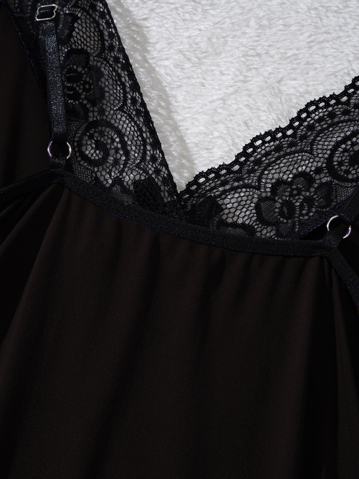Plus Size Black Lace Nightdress, V-Neck Chemise, Lace Side Panel Slip Dress, Romantic Sleepwear