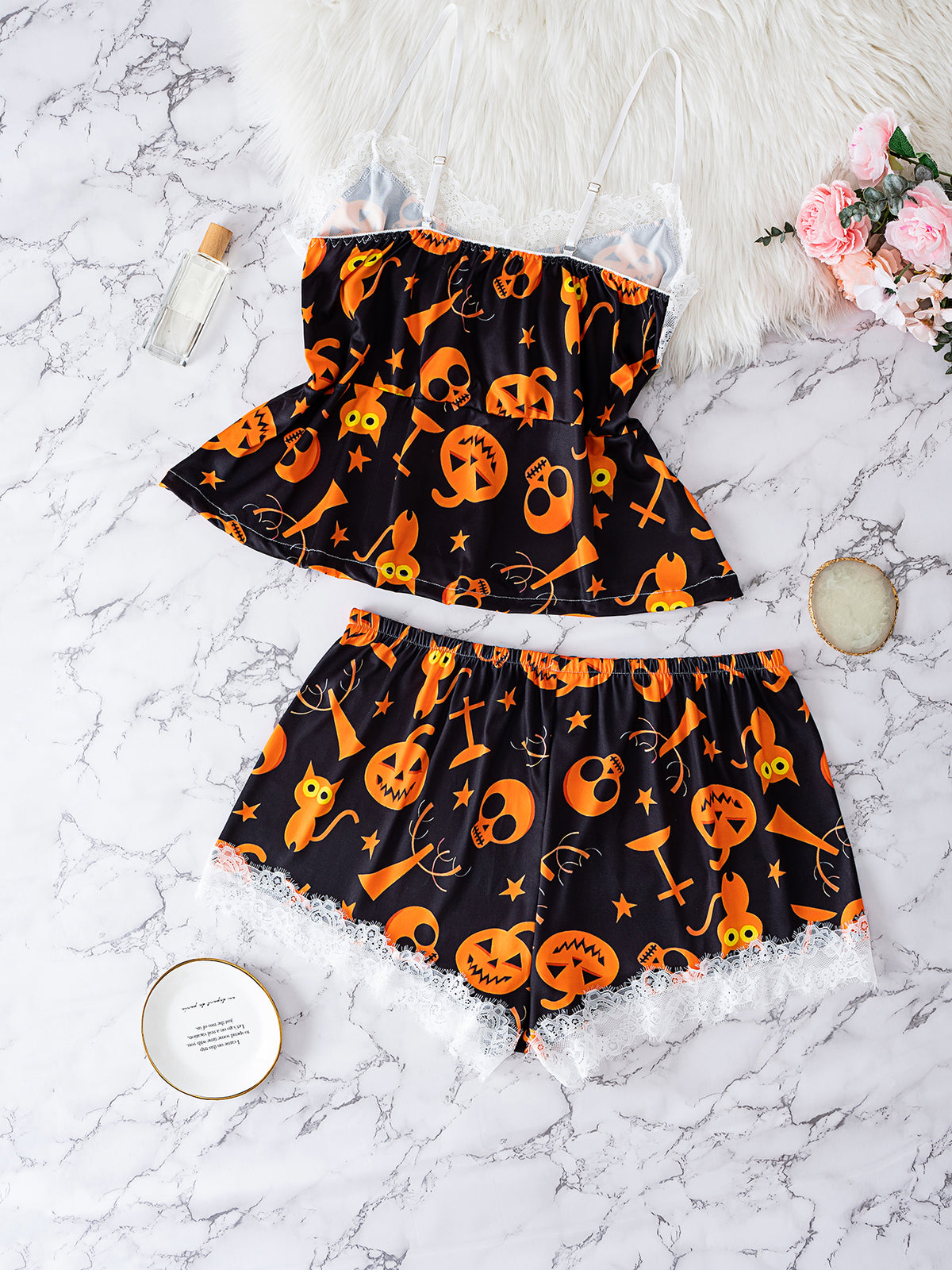 Halloween Pumpkin Pajama Set for Women, Lace Cami and Shorts, Spooky Sleepwear
